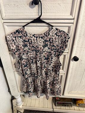 Monteau Dark Green Floral Peplum Blouse with Blush and Cream Flowers